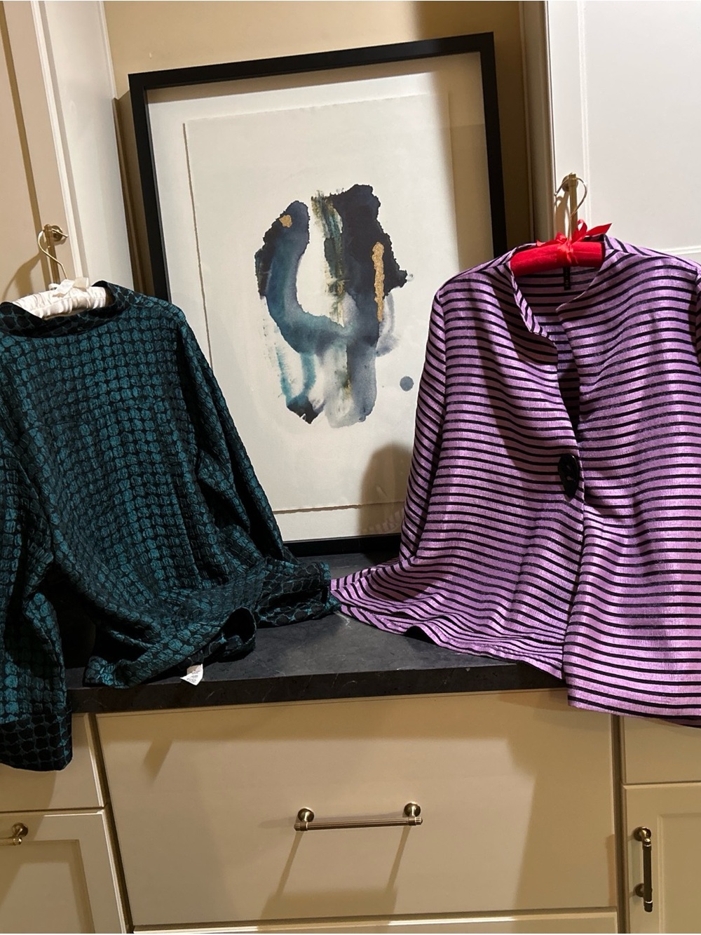 (2) IC Connie K 1X XL Swing Jacket Artsy Green Textured Asymmetrical Pink Stripe
